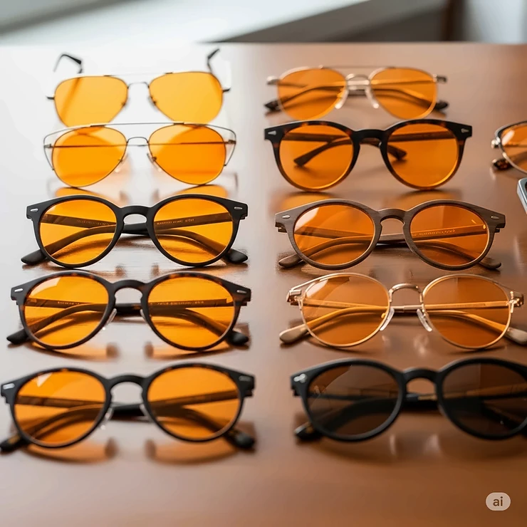 A visually appealing collection of several different styles of sunglasses with orange lenses, laid out neatly on a table.