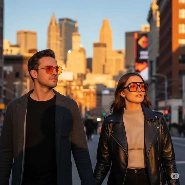 A couple walking together in a city, both wearing different styles of orange aviator sunglasses while looking at a city skyline.