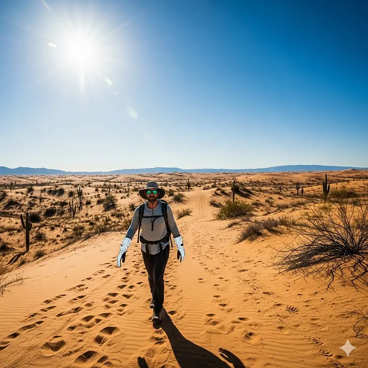 A hiker with sun gloves walking through a wide, sun-drenched desert landscape, emphasizing how crucial sun protection is in high-exposure environments.
