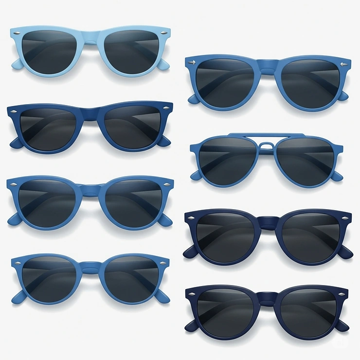 An illustration of various shades of blue frame sunglasses, from light sky blue to deep navy, showcasing color options.