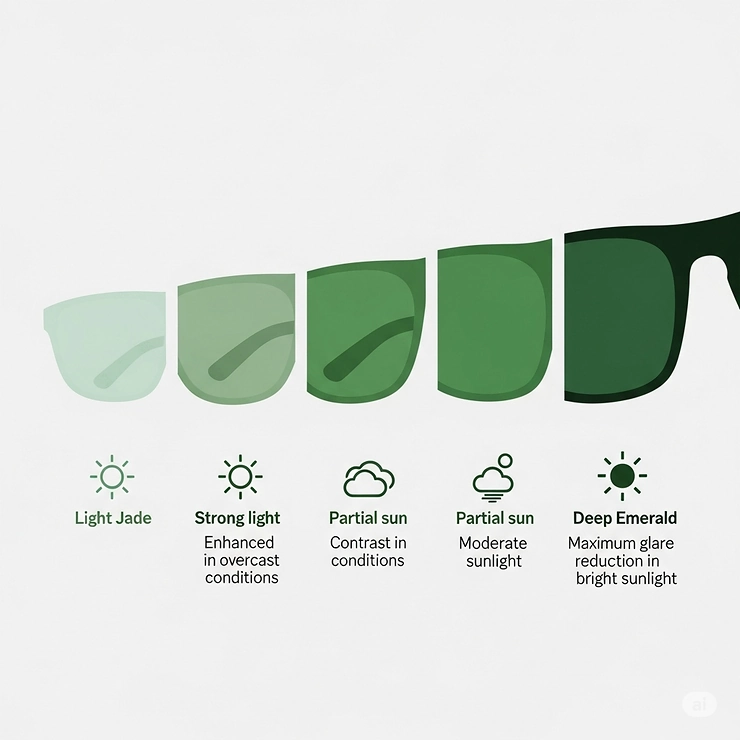 An infographic-style illustration that compares different shades of green tinted sunglasses, from light jade to deep emerald, explaining the benefits of each hue for different light conditions.