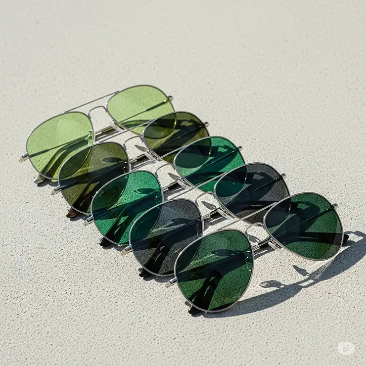An arrangement of several pairs of green aviator sunglasses, each with a different shade of green lens, from a light lime to a deep forest green, showing the variety of options available.