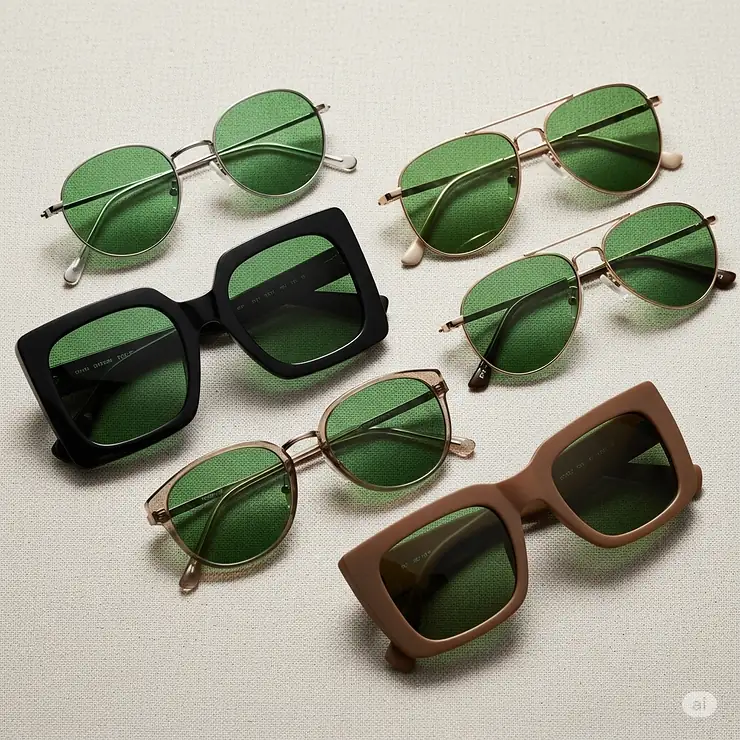 An arrangement of different sunglasses with green lenses, showcasing various frame shapes from round to square.