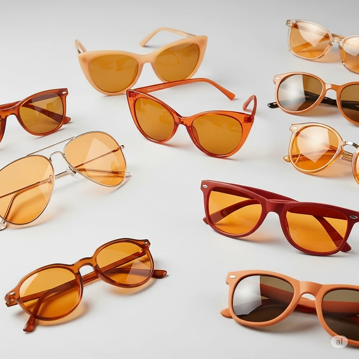 A collection of various styles of orange sunglasses, including aviators, cat-eye, and wayfarers, laid out on a clean background.