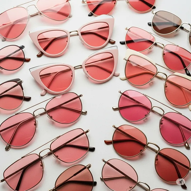 An arrangement of various pink lens sunglasses, including different frame shapes like aviator, cat-eye, and round, to show a variety of options.