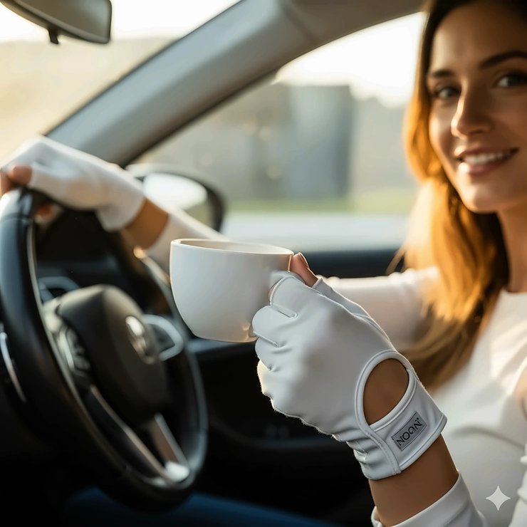 A person wearing driving gloves for sun protection casually holds a coffee cup, showing how the gloves are practical and comfortable for everyday use during a morning commute.
