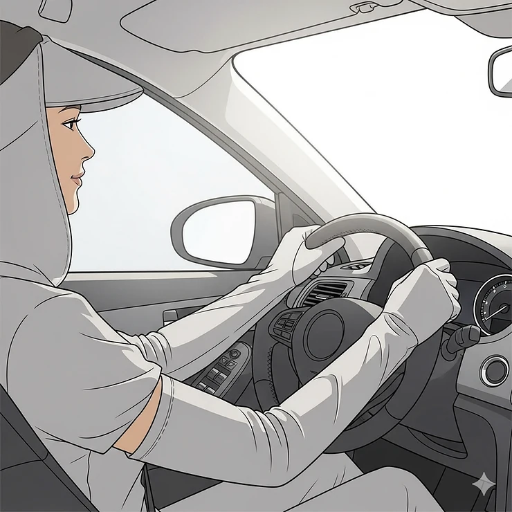 A woman comfortably gripping the steering wheel while wearing elegant sun protection gloves, perfect for long drives.