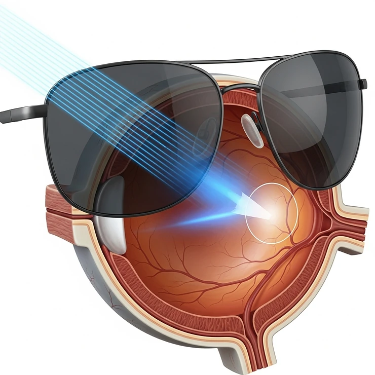 An anatomical illustration of the human eye, with a pair of sunglasses placed over it to demonstrate how the lenses protect the retina from potential damage caused by blue light.