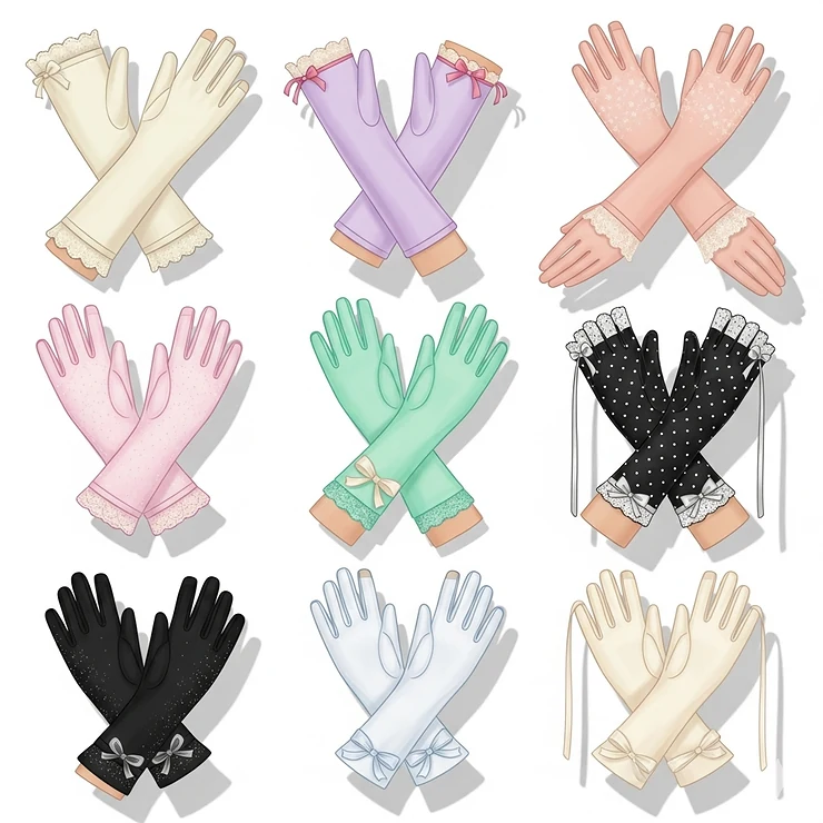 A collection of sun protection gloves for women in various colors and styles, demonstrating their versatility and fashionable appeal.