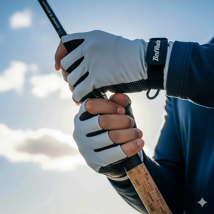 A close-up shot of a pair of lightweight, sun-protective fishing gloves on a person's hands as they hold a fishing rod against a bright, sunny sky. The gloves are designed to offer excellent UPF protection and grip.