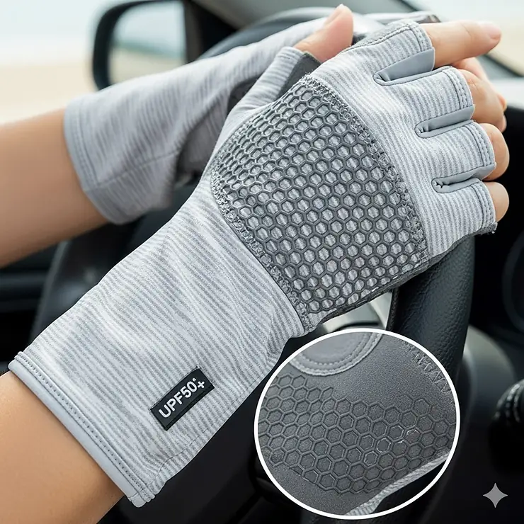 Detailed view of a pair of fingerless sun gloves for women, highlighting the design that allows for dexterity and grip while providing hand protection.