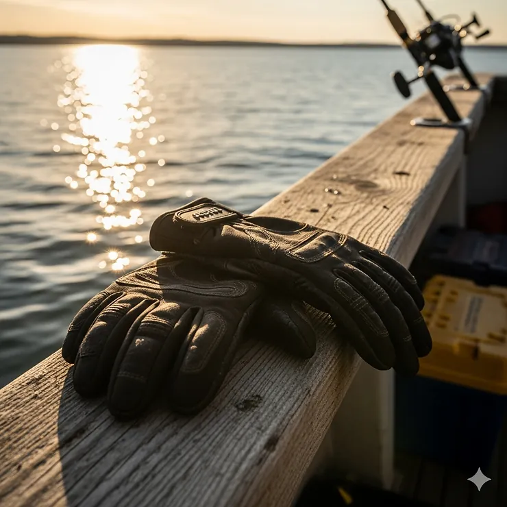 A pair of durable fishing gloves resting on the railing of a boat deck, with the sun reflecting off the water in the background, ready for a day of fishing.