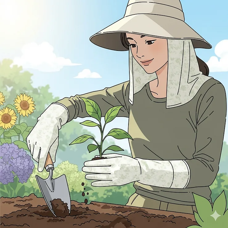A woman using sun protection gloves while gardening, demonstrating their practical use for protecting skin from both UV rays and dirt.