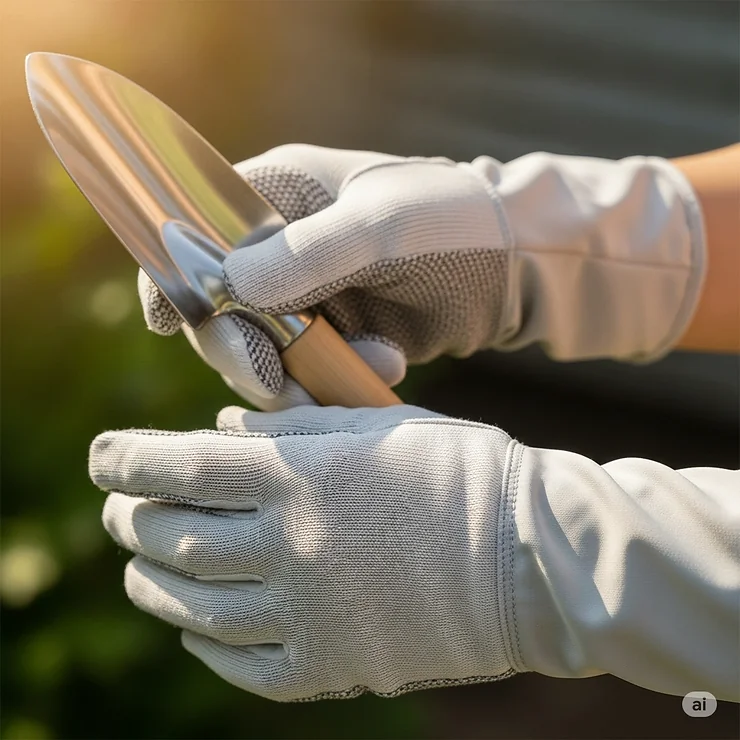 A detailed image of hands in sun protection gloves holding a small gardening trowel, showing how they offer both UV defense and light protection for hobbies.