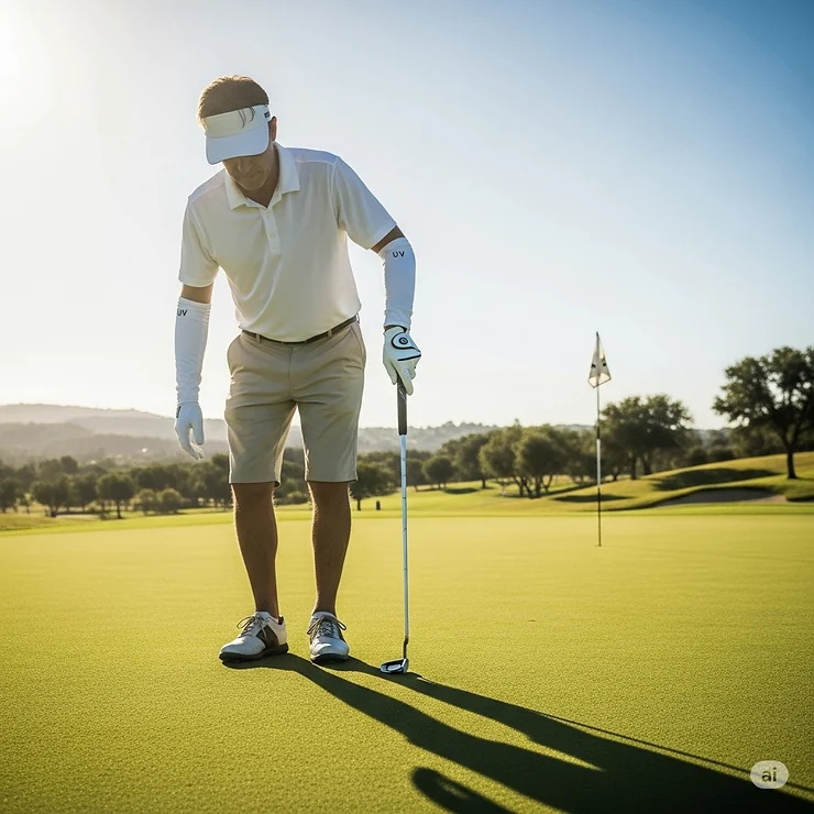 A golfer on the green wearing sun protection gloves, protecting their hands from UV rays during a long day of outdoor sports.