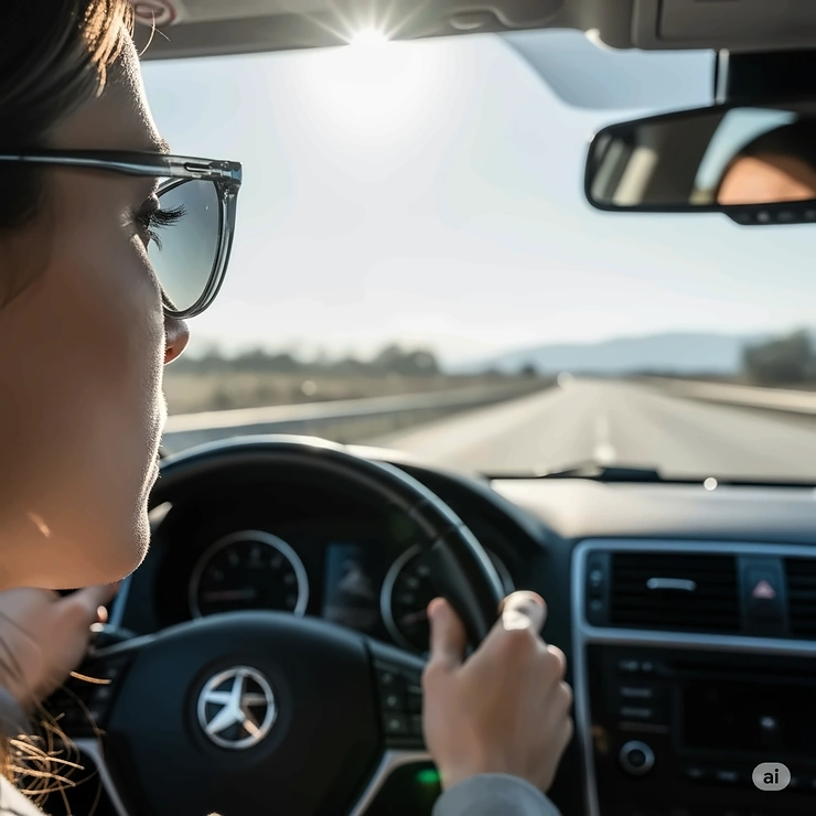 A driver wearing sunglasses with gray lenses, showing how the neutral tint reduces brightness and glare without distorting colors, a popular choice for driving.