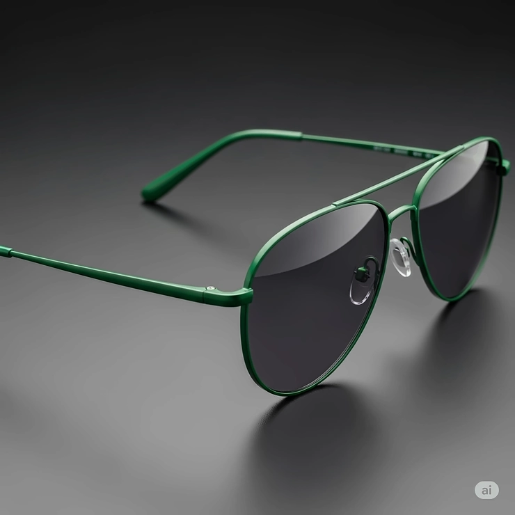 A side-angle view of green aviator sunglasses, showing the thin, elegant temples and the subtle curve of the frame.