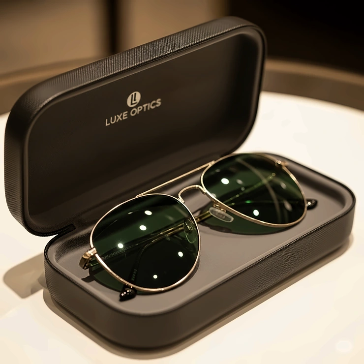 A protective case is opened to reveal a new pair of green aviator sunglasses, emphasizing the care and quality of the product and its packaging.
