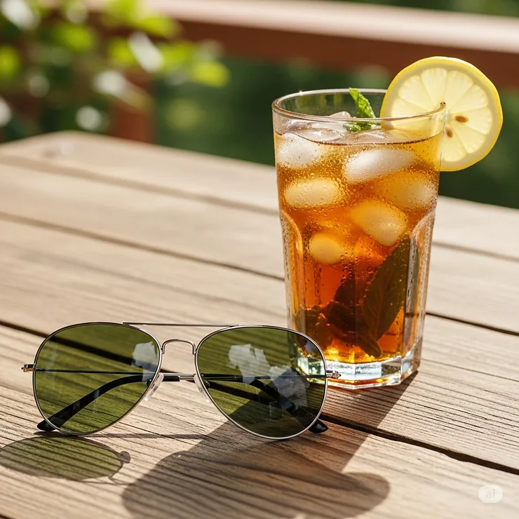 A pair of green aviator sunglasses resting on a rustic wooden table next to a cool glass of iced tea, creating a relaxed, summery vibe.