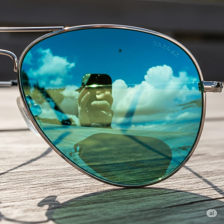 A pair of green aviator sunglasses reflecting a beautiful, clear blue sky and fluffy white clouds, showcasing the clarity and protective qualities of the lenses.