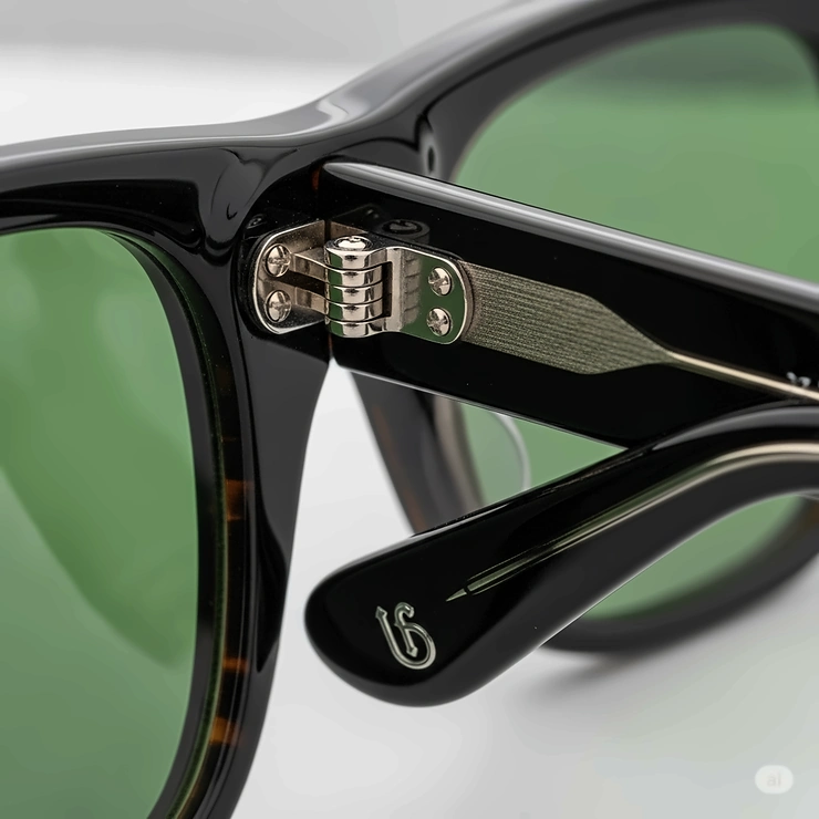 A close-up of the temple and hinge detail of a high-quality pair of sunglasses with distinctive green lenses.