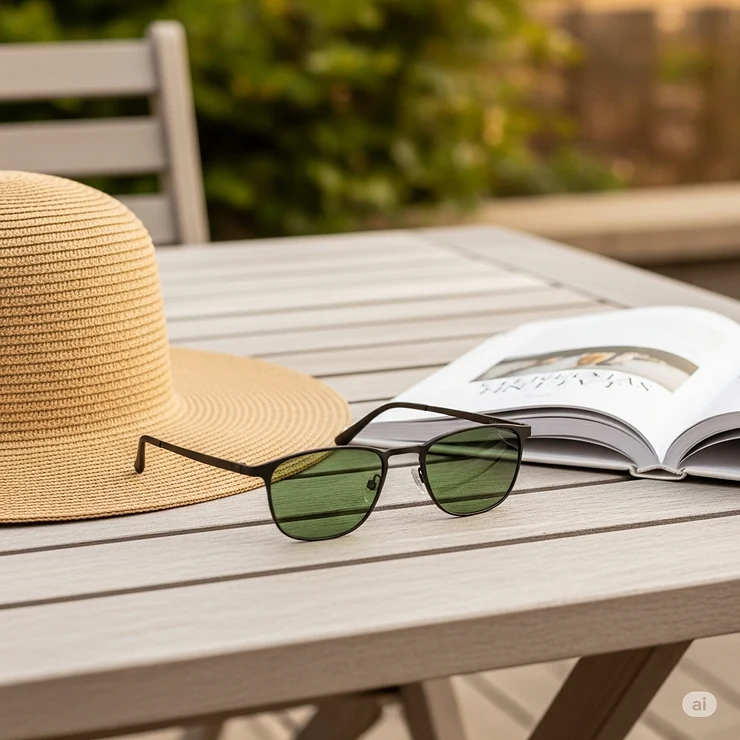 A pair of minimalist sunglasses with green lenses placed neatly next to a summer hat and a book on an outdoor table.