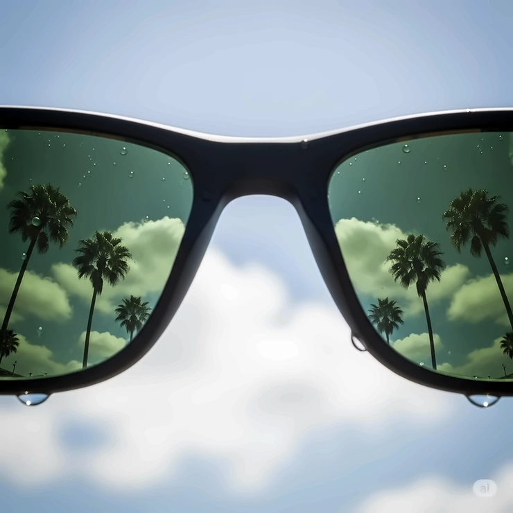 A macro shot showing the reflection of a clear blue sky and palm trees in the green lenses of a pair of sunglasses.