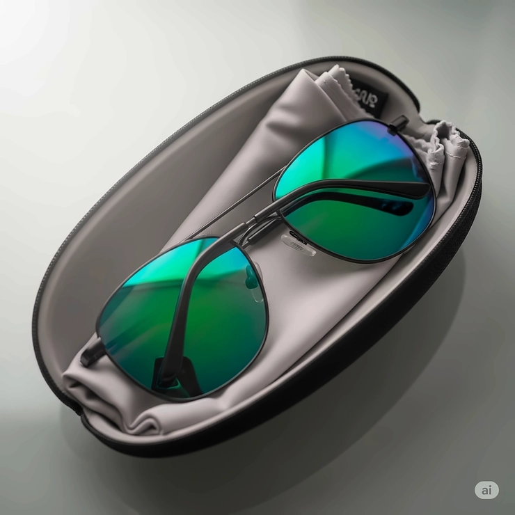 A pair of new green lens sunglasses resting inside their protective microfiber case.