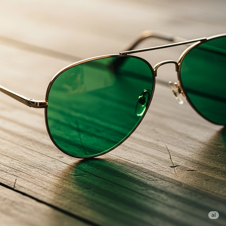 A close-up shot of a pair of classic aviator sunglasses with vibrant green lenses, sitting on a wooden table.