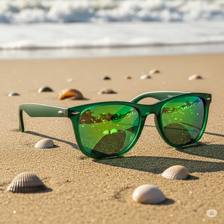 A pair of green polarized sunglasses resting on a sandy beach, ideal for reducing water glare during beach activities or watersports.