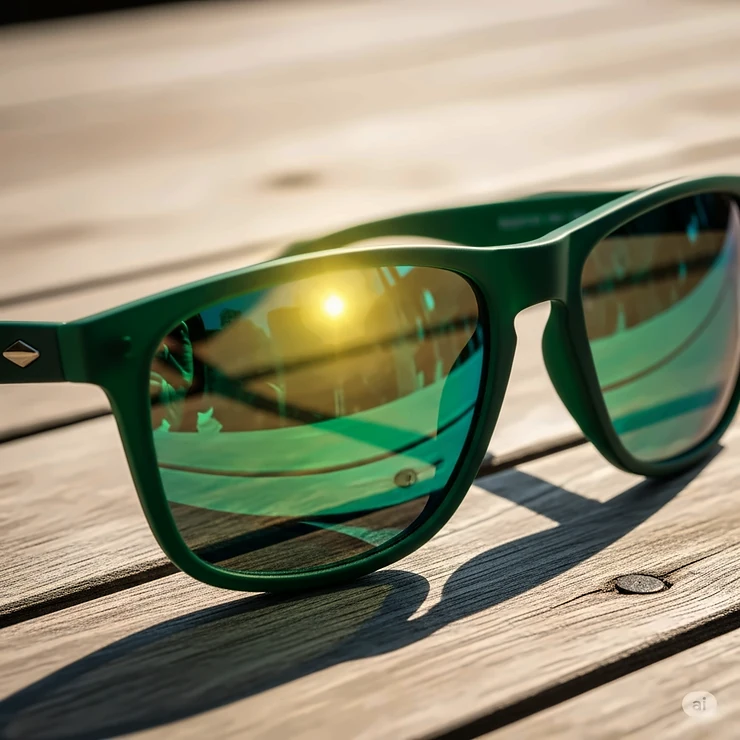 A close-up shot of stylish green polarized sunglasses resting on a wooden table, with sunlight glinting off the reflective lenses.