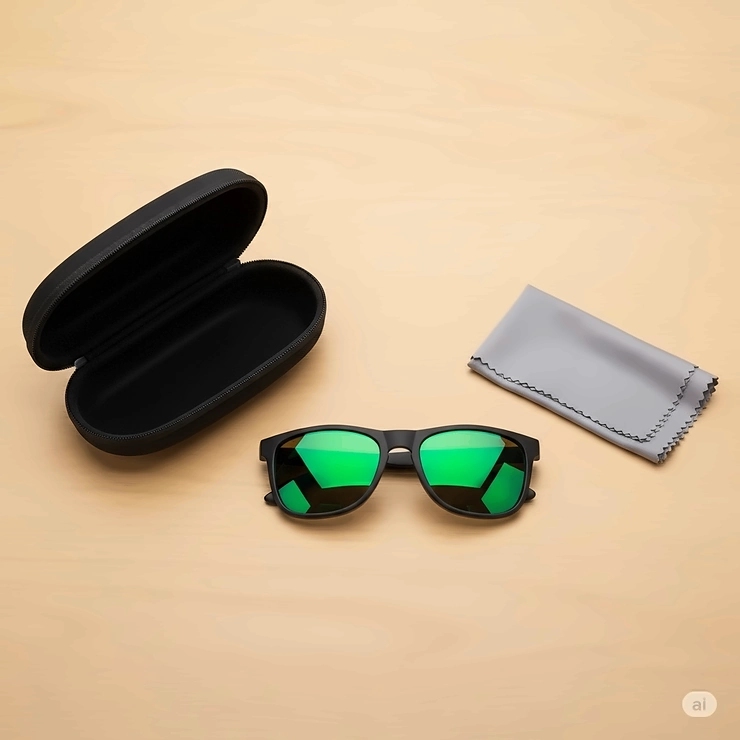The unboxing experience of a new pair of green polarized sunglasses, including the protective case and microfiber cleaning cloth.