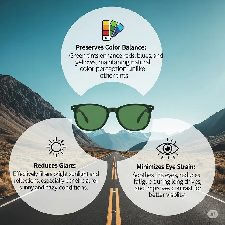An infographic illustrating the benefits of green-tinted sunglasses for driving, noting how they preserve color balance while reducing glare and eye strain.