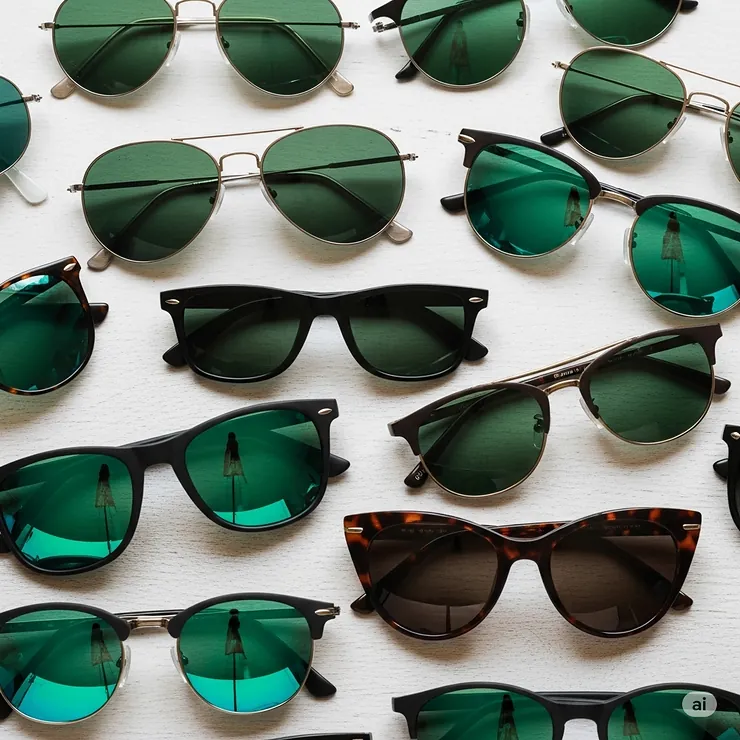 A visual representation of various sunglasses with green lenses, including aviator, wayfarer, and cat-eye frame styles.