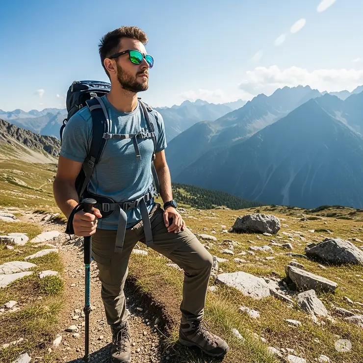 A man wearing stylish sunglasses with green lenses looks out at a mountain range while hiking.