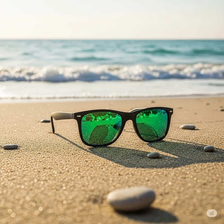 A pair of sunglasses with green lenses resting on a sandy beach, capturing a summer vacation mood.
