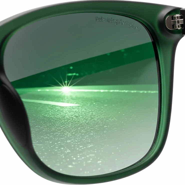 Detail shot of the polarized lens technology in green sunglasses for men, emphasizing the anti-glare benefits.