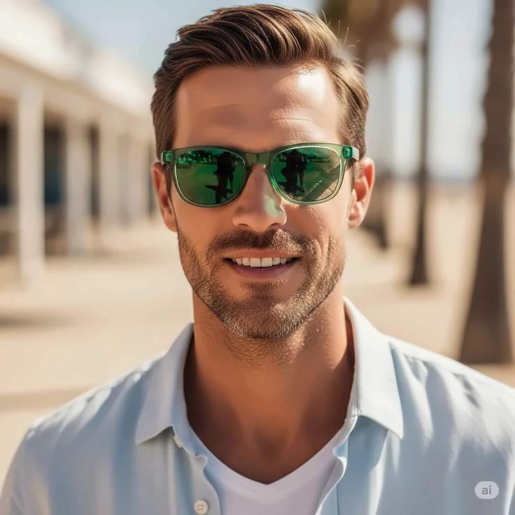 A man with a confident smile is wearing stylish green sunglasses, a perfect accessory for his casual summer outfit. green sunglasses mens