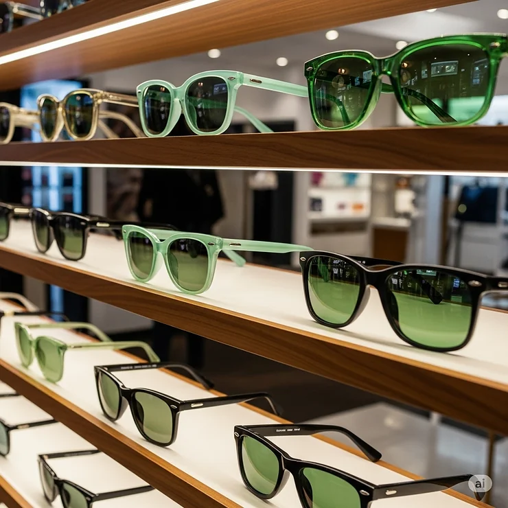An image of various green tinted sunglasses arranged neatly on a store display, showing the different shades and styles available for customers to choose from.