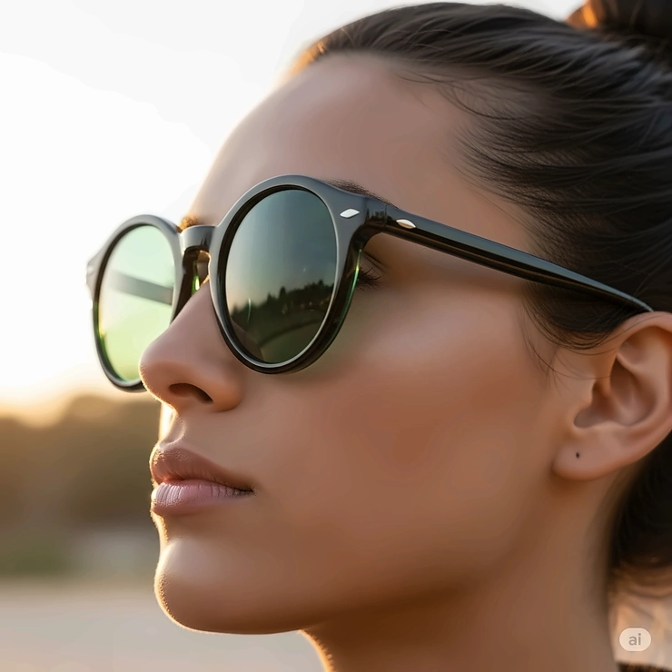 A side profile view of a person wearing round green tinted sunglasses, highlighting the unique shape and the subtle green hue of the lenses on their face.