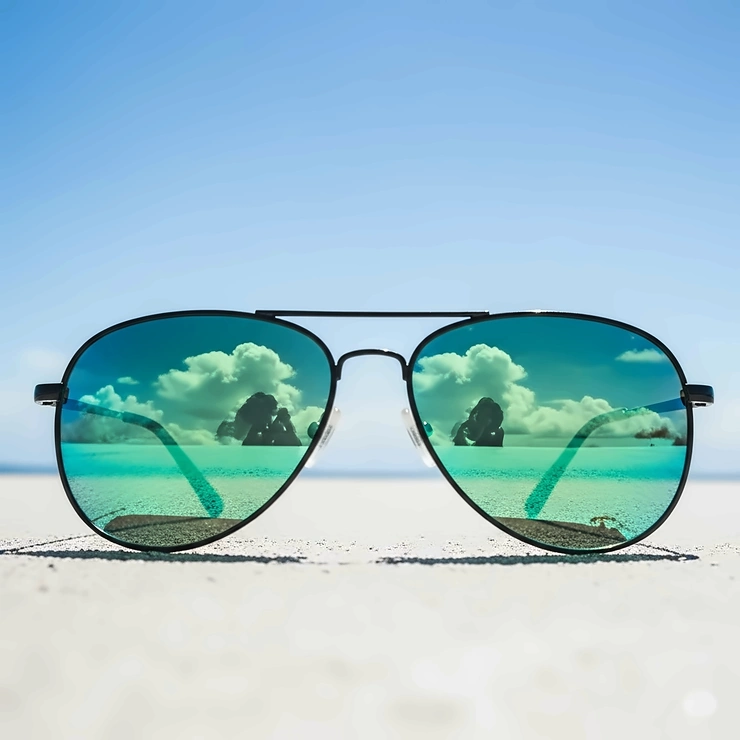 A pair of green tinted sunglasses reflects a clear blue sky and puffy white clouds, demonstrating their ability to protect the eyes while offering a beautiful, filtered view of the world.