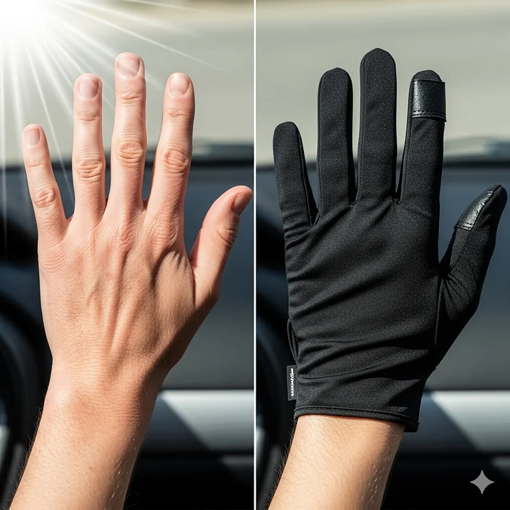 A visual comparison showing one hand exposed to UV rays and the other hand covered by a driving glove for sun protection, illustrating the gloves' effectiveness at preventing sun damage.