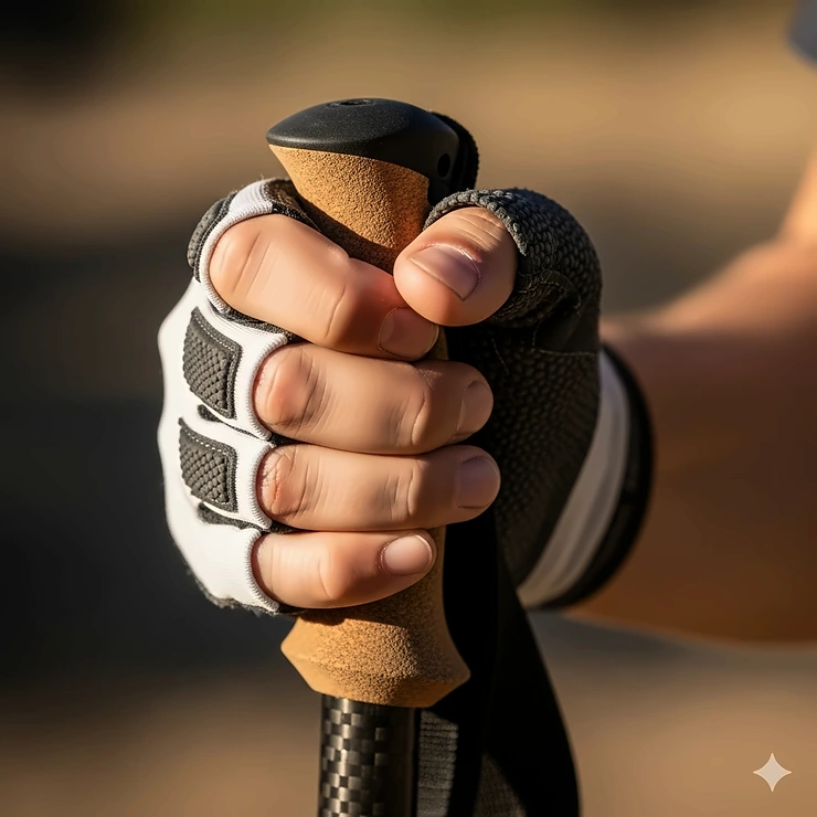 A close-up showing a hand wearing sun gloves for hiking, holding a trekking pole firmly. The image highlights the improved grip and dexterity provided by the gloves' design.