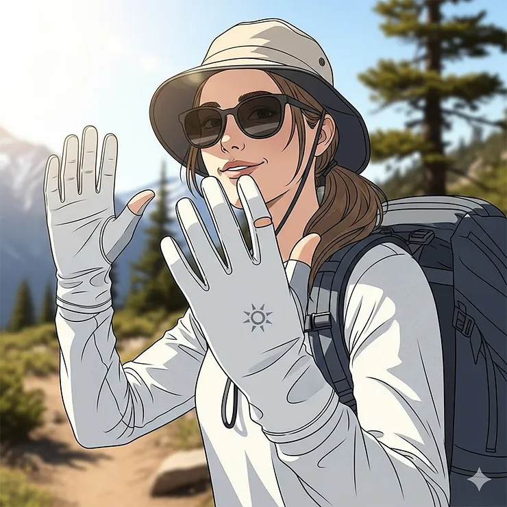 An illustration of a woman on a hiking trail, showcasing how sun protection gloves keep her hands safe from harsh UV rays during outdoor activities.