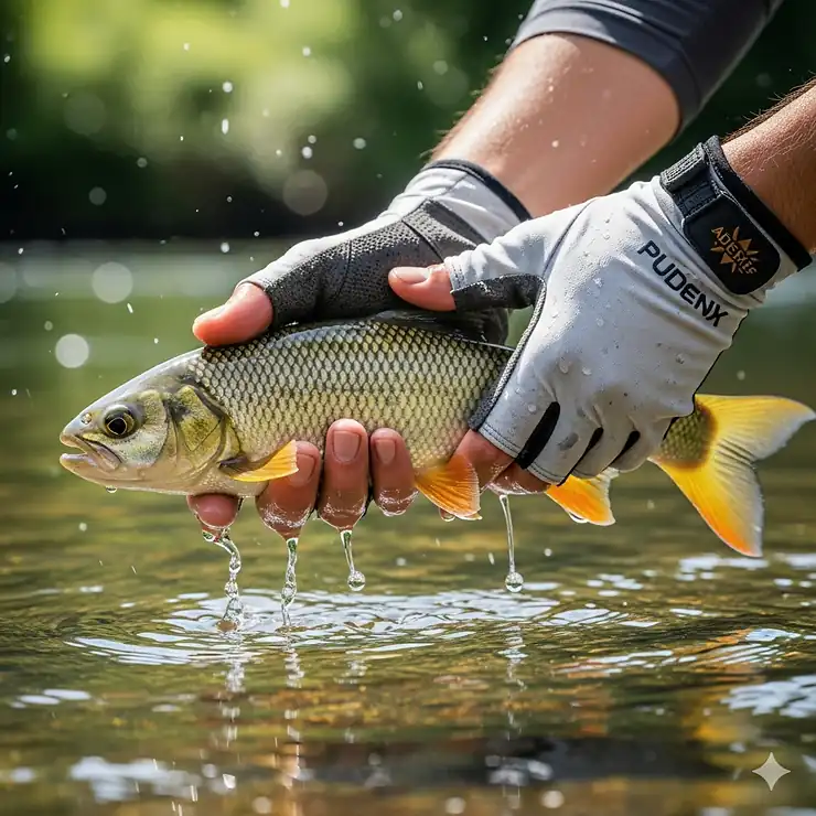 An angler's hands, safely protected by sun-blocking fishing gloves, gently holding a fish before releasing it back into the water.