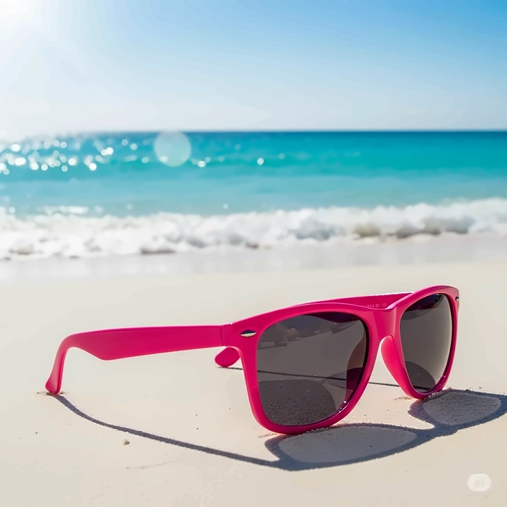 A pair of hot pink sunglasses resting on a white sand beach with a sparkling turquoise ocean in the background, evoking a perfect summer vacation.