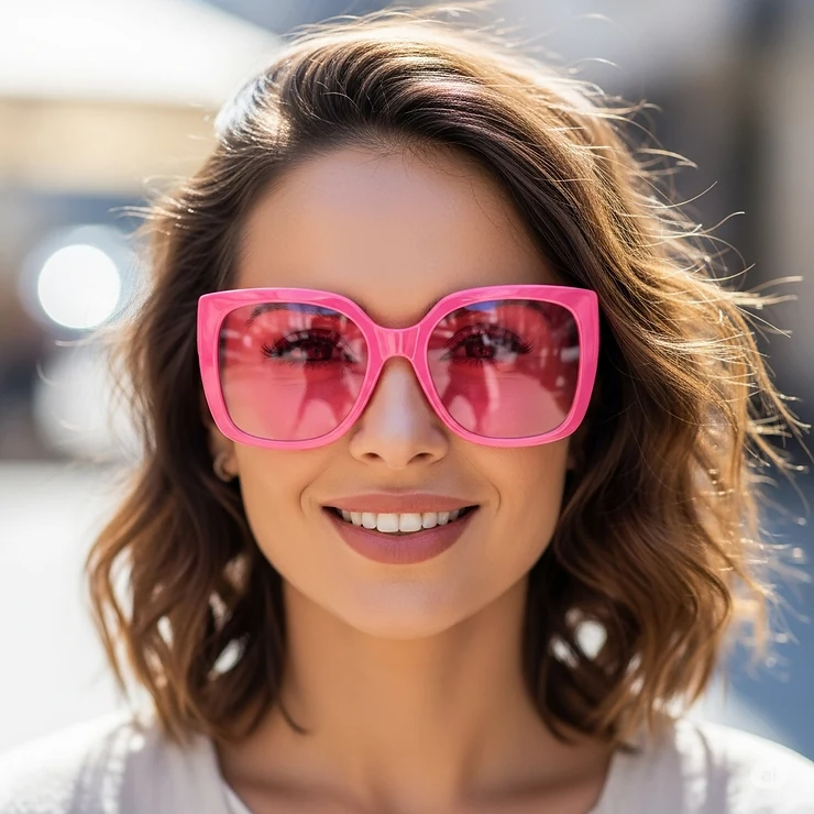 A stylish woman wearing a pair of trendy, oversized hot pink sunglasses, smiling at the camera.