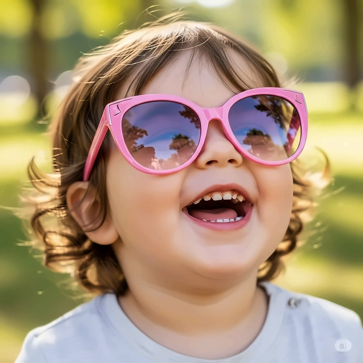 An adorable child laughing while wearing a cute pair of hot pink sunglasses, perfect for stylish young ones.