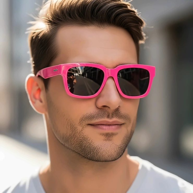 A man confidently wearing a pair of modern, rectangular hot pink sunglasses, showing they are a versatile accessory for any gender.