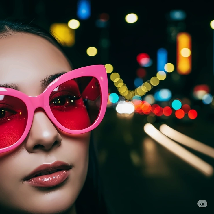 A person wearing chic hot pink sunglasses at night, with city lights blurred in the background, demonstrating their use as a fashion statement for any time of day.